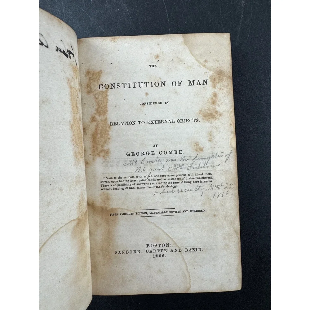 1856 The Constitution of‎ Man George Combe Antique Phrenology Book 5th Edition